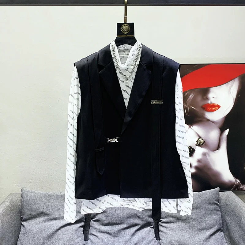 PFHQ-Blazer sem mangas monocromático com decote em v e calças retas para homens, coletes casuais, nova moda, maré 21F3959, 2 peças, 2023