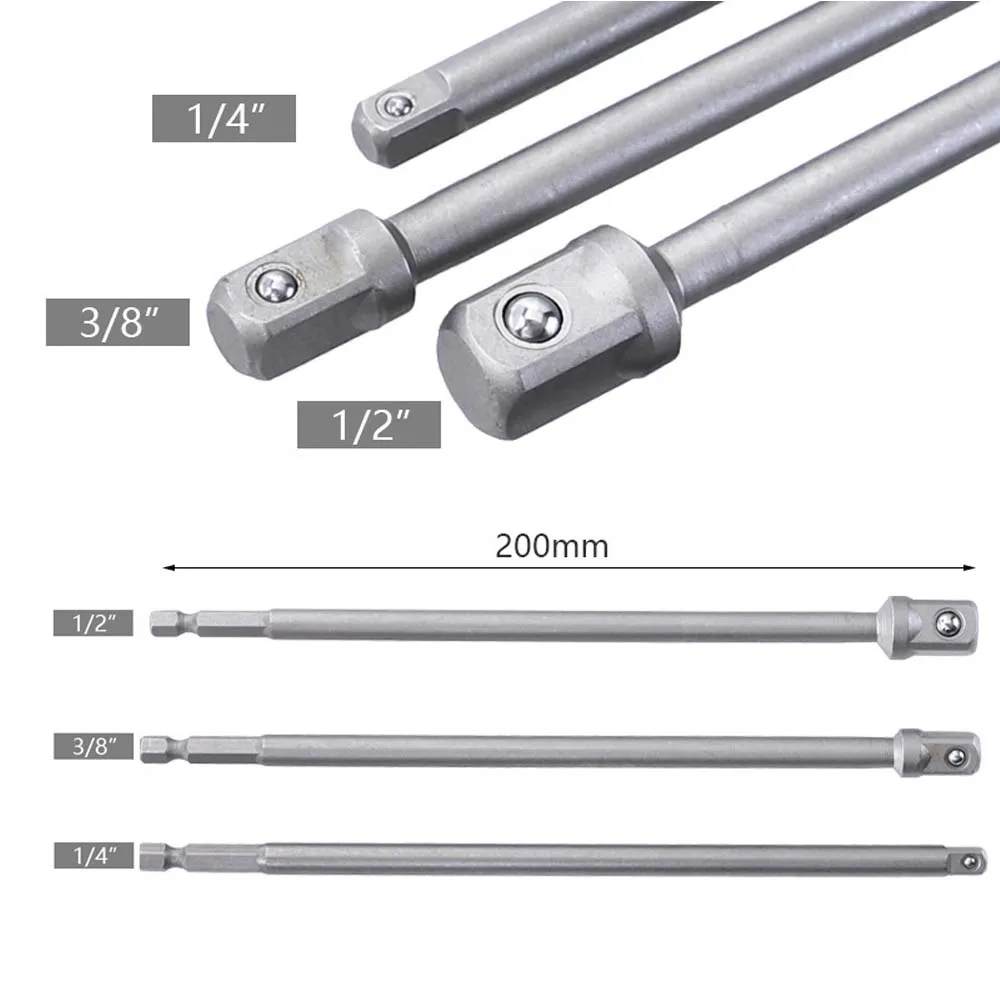 3pcs 200mm Adapter Electric Screw 1/2 Driver Square Head 3/8 Hexagonal 1/4 Extended Adapter Tool Accessory Set