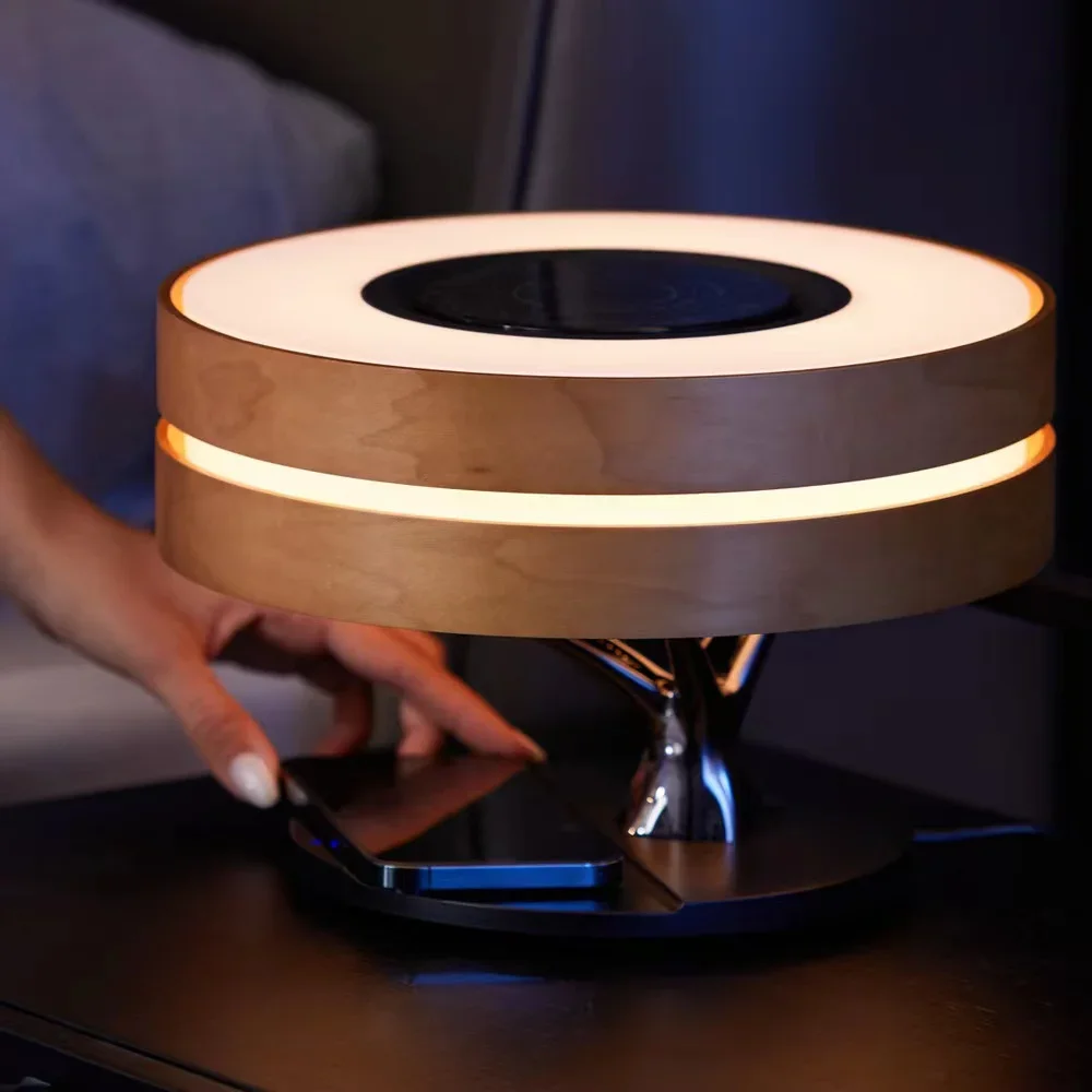 Round Wooden Tree Bed Side Table Lamp for Homes Wireless Charging BT Music Lamp with Sleep Mode Dimming Touch Switch Room Usage