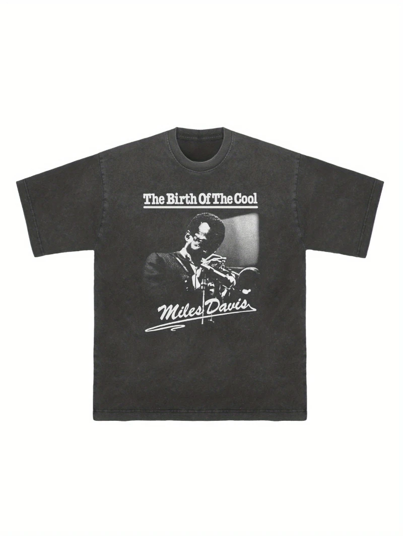 Men'S Vintage-Inspired Miles Davis Graphic T-Shirt 100% Heavyweight Cotton Loose Fit Round Neck Casual Jazz-Inspired Design