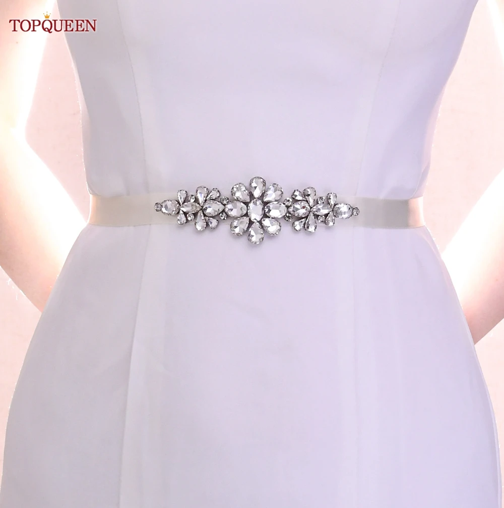 

TOPQUEEN Wedding Bridal Belts Silver Rhinestones Party Dress Sash Bridesmaid Trim Beaded Applique Designs Jewel Girdle S45