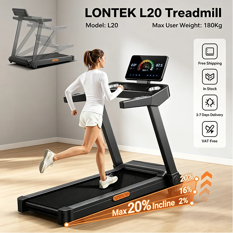 Tapis roulant pliable LONTEK L20 avec inclinaison manuelle de 20 %, vitesse de 14 km/h et capacité de 180 kg. Notre tapis roulant est doté de 3 niveaux de réglage rapide (2 %, 16 %, 20 %) pour une combustion des graisses jusqu'à 3 fois plus rapide, ainsi que d'une absorption des chocs, d'un design pliable et d'un écran tactile LCD intelligent – idéal pour