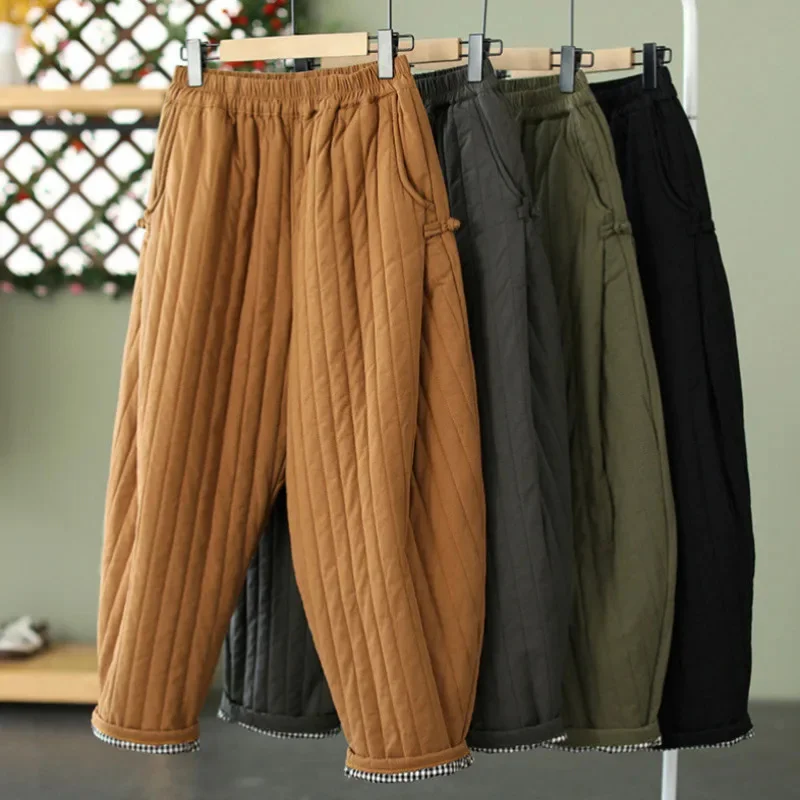 Cotton Padded Thick Retro Down Cotton Pants Women Casual Wear Elastic Waistband Loose And Warm High Street Mid Rise Pants New