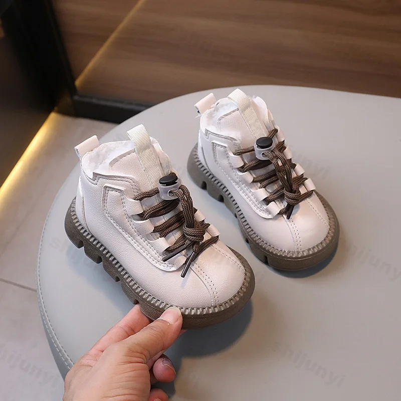 High Top Kid Shoes 2024 Winter Fashion Children Boots Boys Leather Ankle Boots Plush Warm Girls Short Boot Infant First Walkers