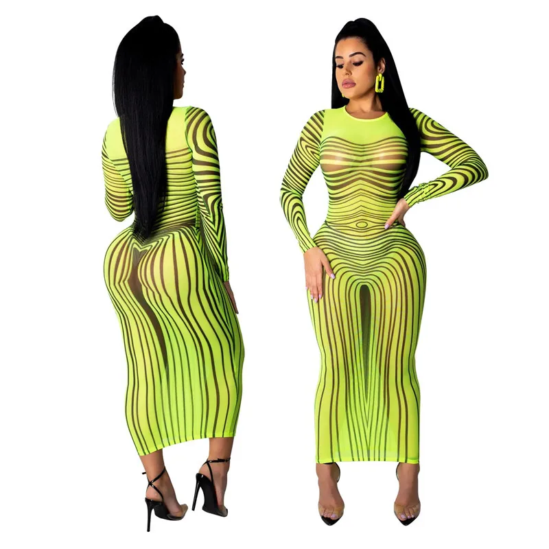 Sexy Bodycon Summer Dress Women Long Sleeve Print Elegant Sheer Mesh Bandage Dress Celebrity Night Club Party Bodycon Dresses