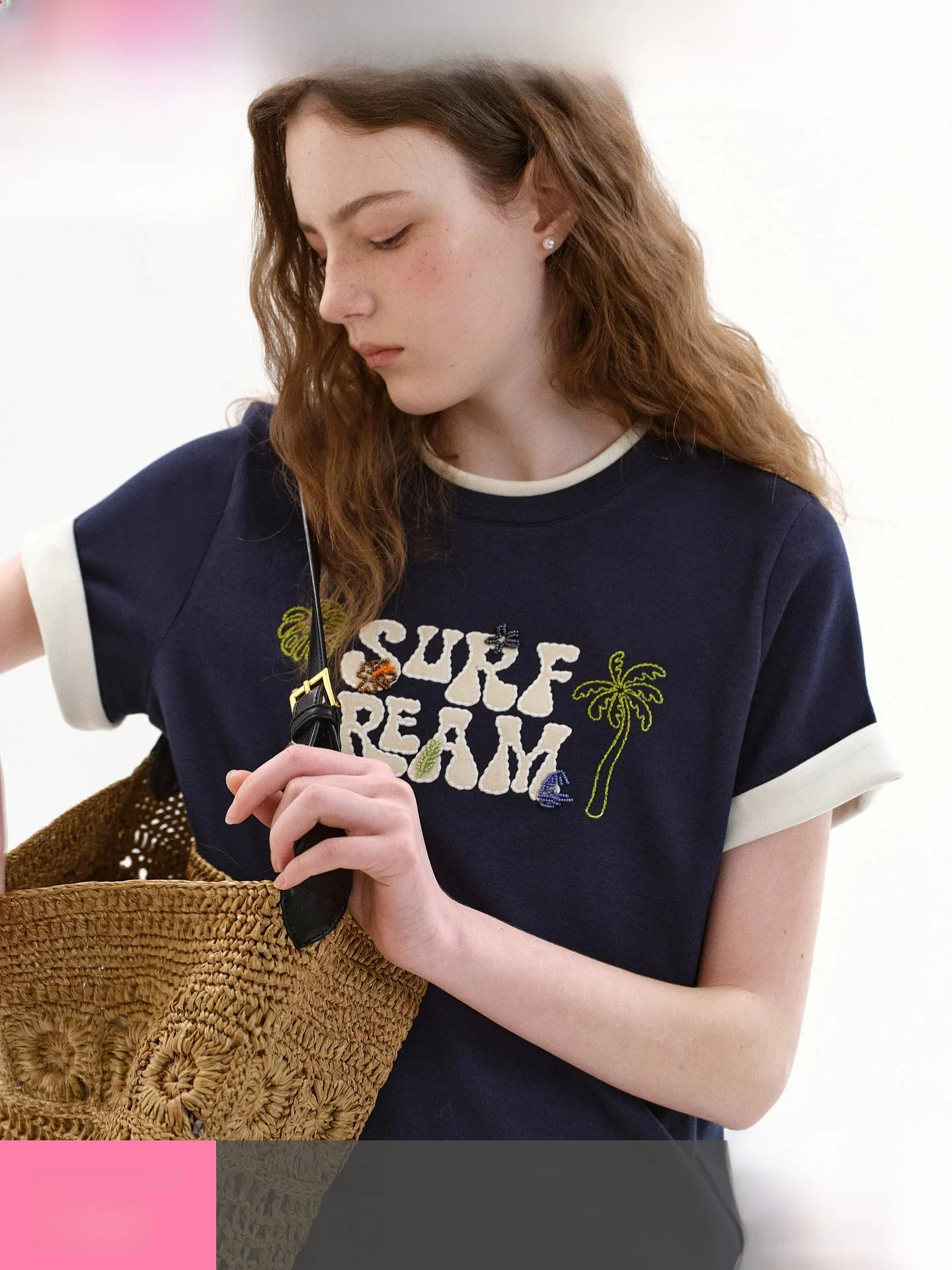 

Fano American Retro Contrast Color T-Shirt Women's Summer New Embroidery Casual Cuffed Short Sleeve Top Cotton Breathable