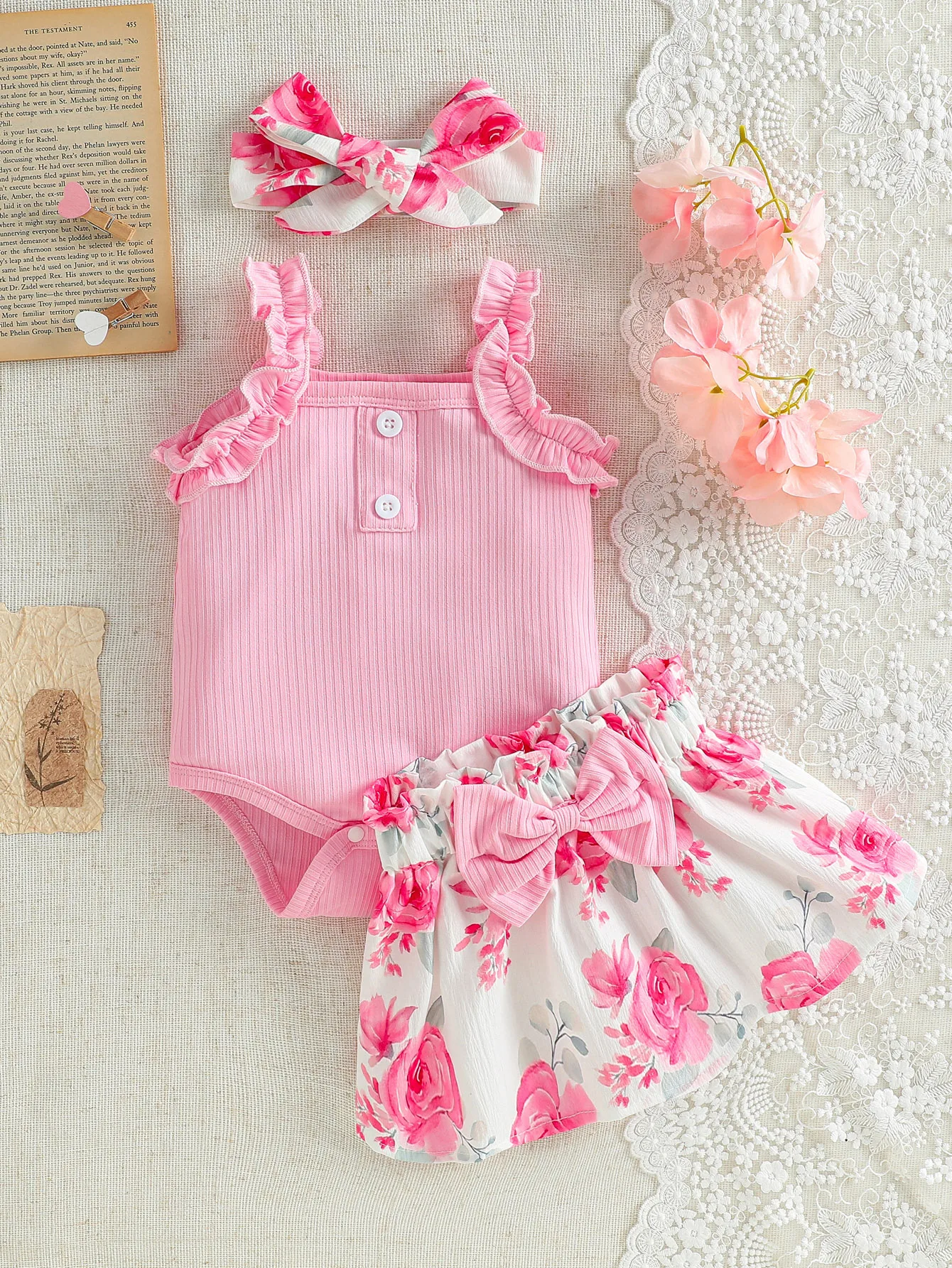 0‑9M Baby Girl Floral 3‑Piece Set, Pink Ruffle Top, Printed Skirt & Headband