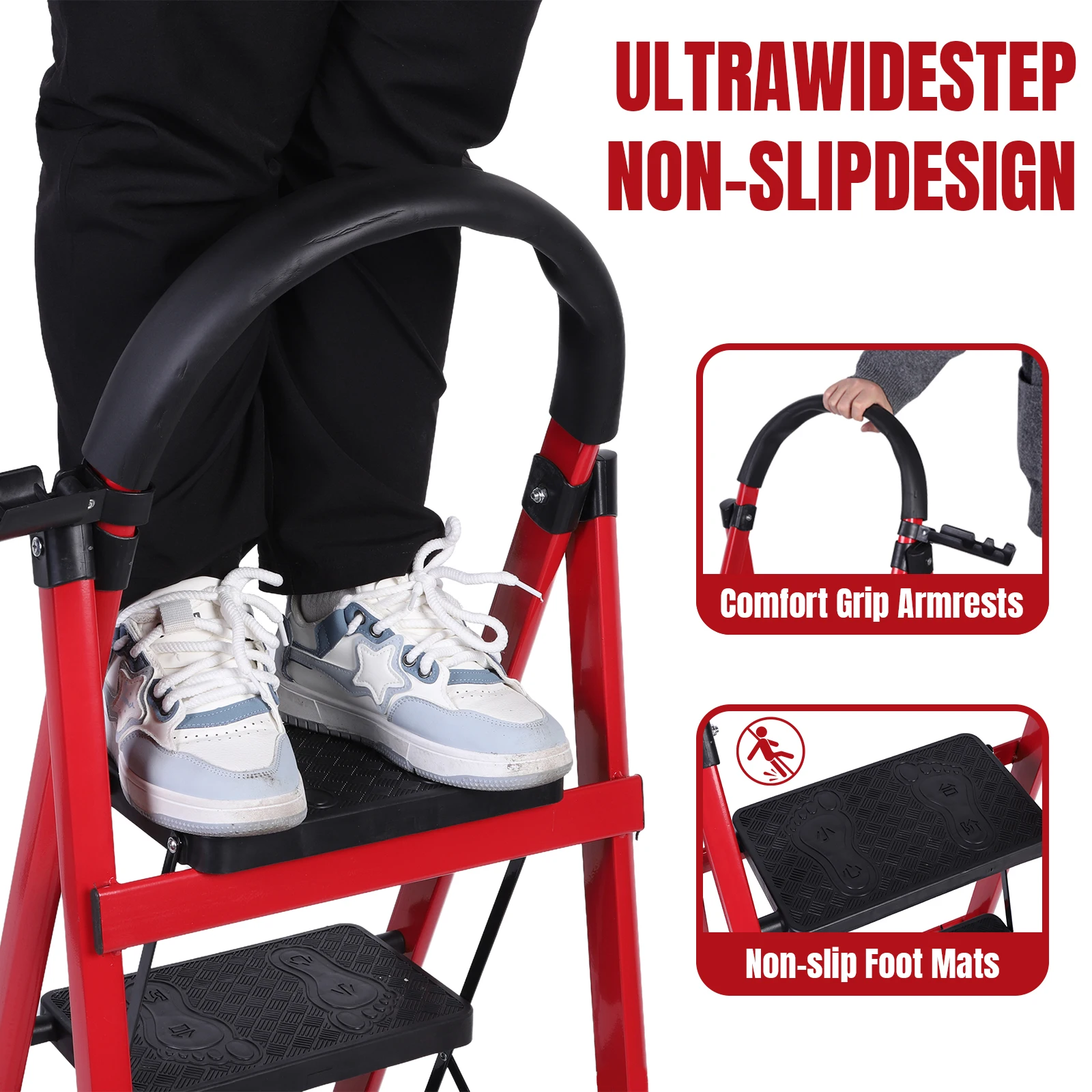 

3-ступенчатая складная лестница, прочные и портативные ступеньки, емкость 330 фунтов с поручнем, легкий вес для домашней кухни, офиса