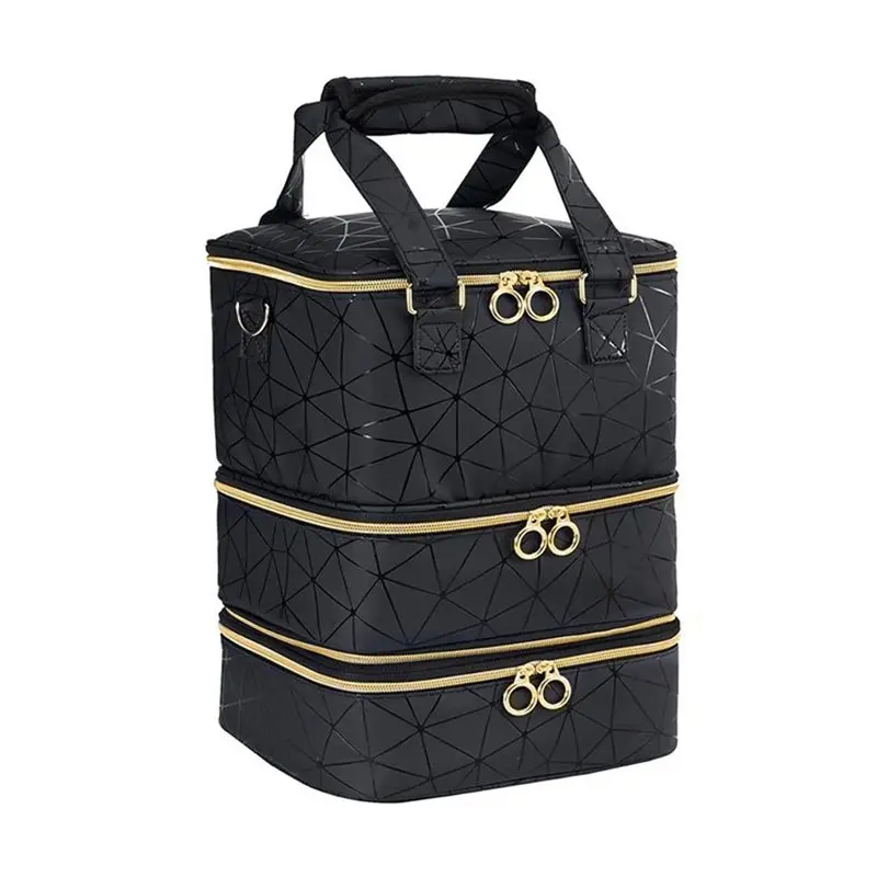 

AS60-PU Leather Nail Polish Organizer Bag 3 Layers Detachable Nail Kit Storage Case Includes Nail Lamp