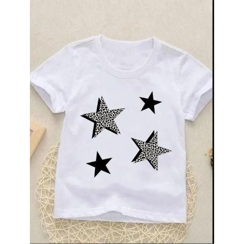 Children's short sleeve geometric stars leopard print round neck graphics boys clothes  girls clothes