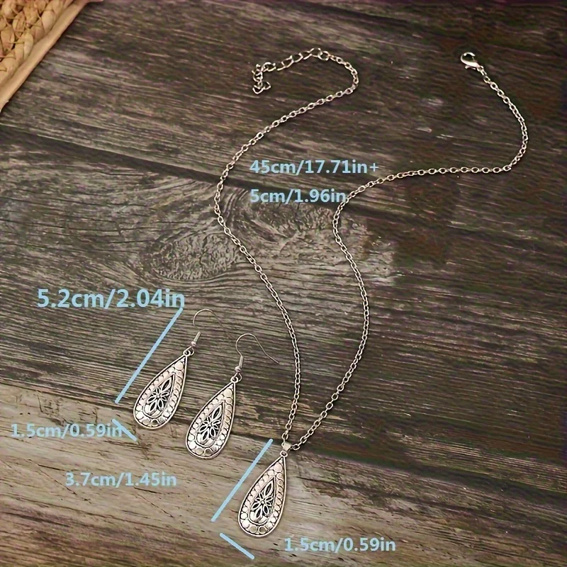 3 قطعة/المجموعة أقراط قلادة خمر طقم مجوهرات العصرية Waterdrop شكل قلادة منحوتة زهرة على السطح مباراة اليومية وتتسابق #3