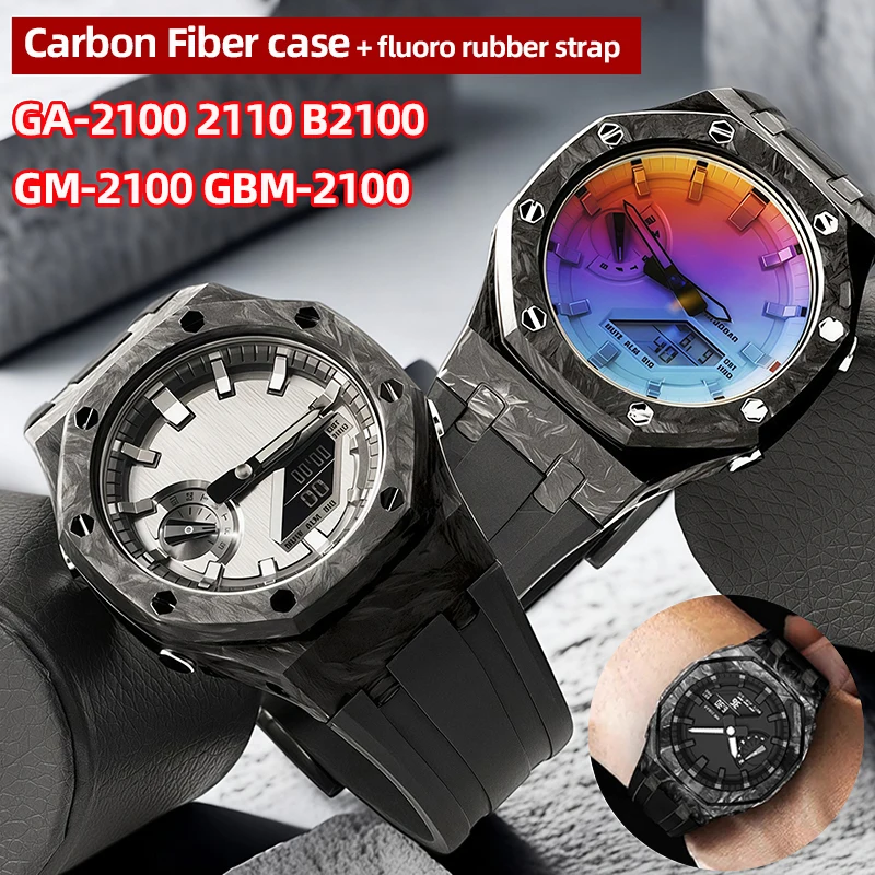 For G-shock Casioak GA-2100 2110 GA-B2100 GM-2100 Carbon Fiber Case + FKM Fluororubber Strap Men Modified set watch accessories