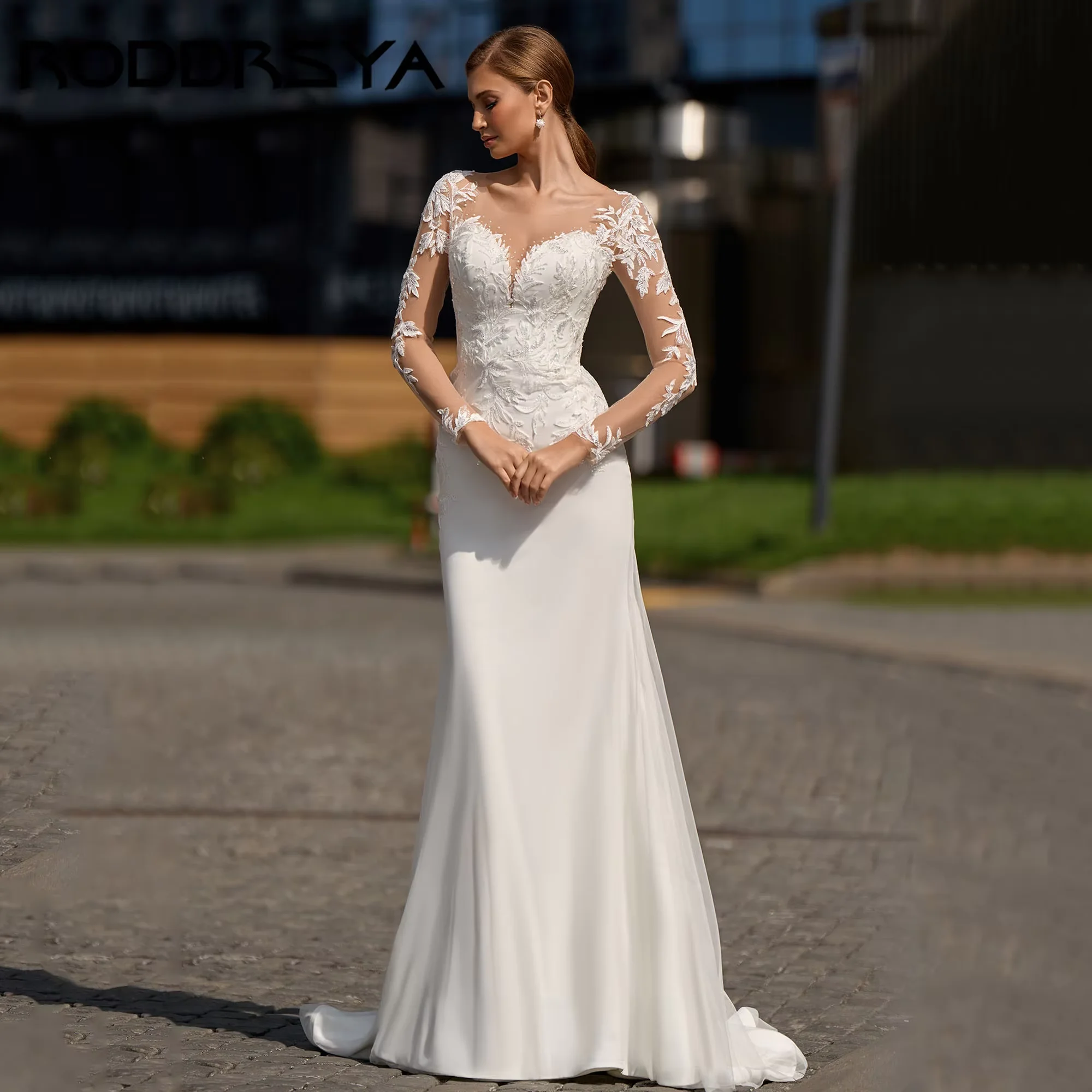RODDRSYA Mermaid Classic Bride Dress Long sleeves Chiffon Appliques Wedding Gowns Elegant Back Button robe de mariée Customized image 5