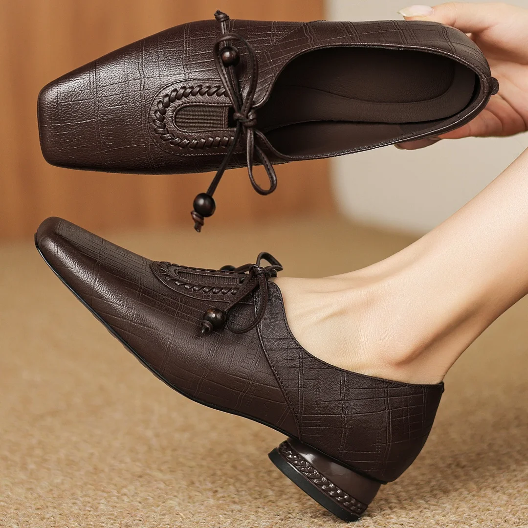 

danxuefei women's sheepskin square toe lace-up sweet bowtie slip-on pumps 3cm round low heel OL style daily dress shoes woman