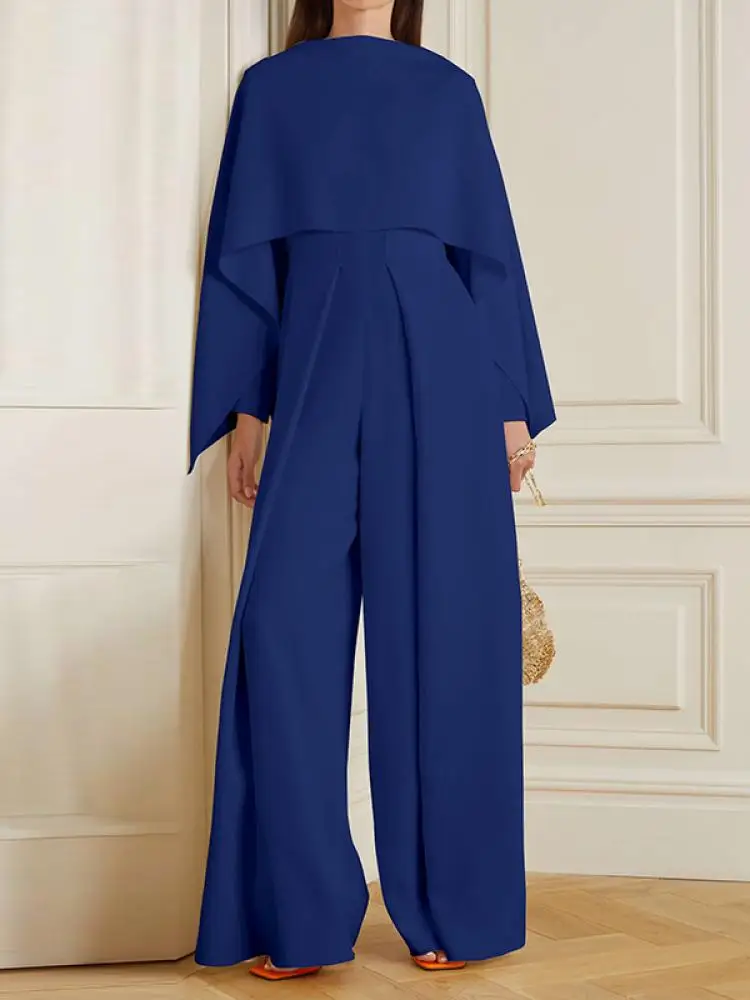 Bonboho Urban Female Elegant Jumpsuit Round Neck Ruffled Sleeve Pleated Wide Leg Pants One-piece Suit Women Commuter Jump Suits