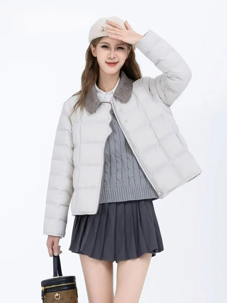 2025 Winter New Light and Thin Down Jacket Women Lapel Collar Color Blocked Western Style White Duck Down Trendy Coat