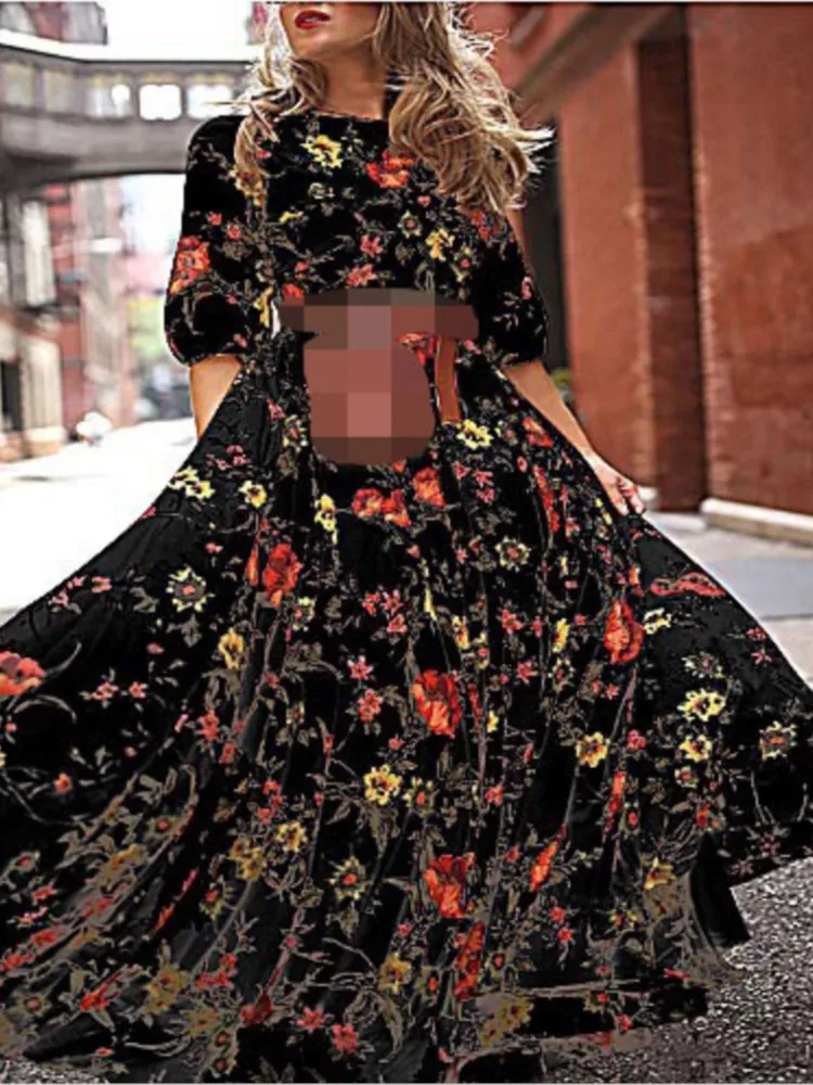 Vintage Floral Print Long Dress New Women's Chiffon Large Swing Dress Bohemian Vacation Style A-line Seven Quarter Sleeve Dress