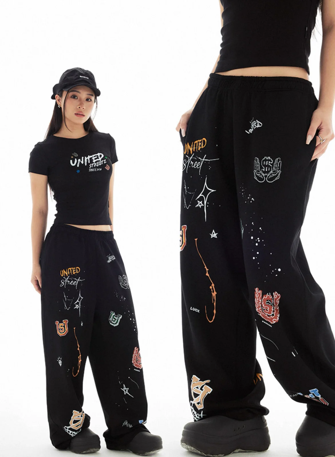 Americano retro graffiti casual cor sólida calças de perna reta para homens e mulheres high street jazz hip hop perna larga esportes