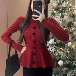 Women's Knitted Cardigan for Autumn and Winter Christmas with a Base Layer and a Red Sweater as the Top