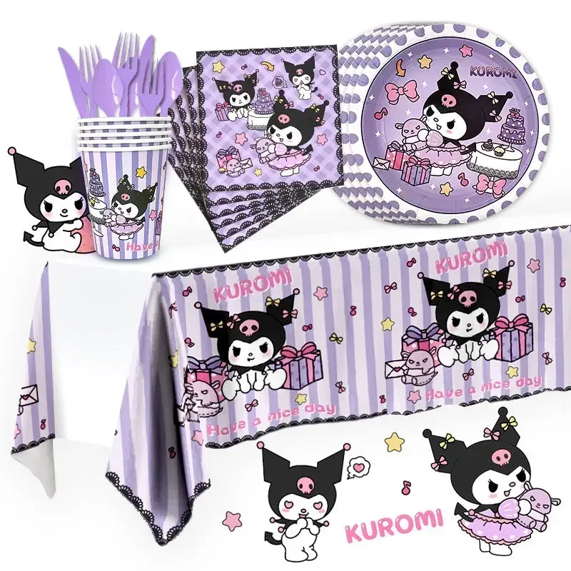 SANRIO Kuromi ผ้าปูโต๊ะแบบใช้แล้วทิ้งชุดรูปแบบเทศกาลน่ารักสำหรับเด็กผู้หญิงชุดวันเกิดของเด็กเครื่องประดับโต๊ะของหวาน