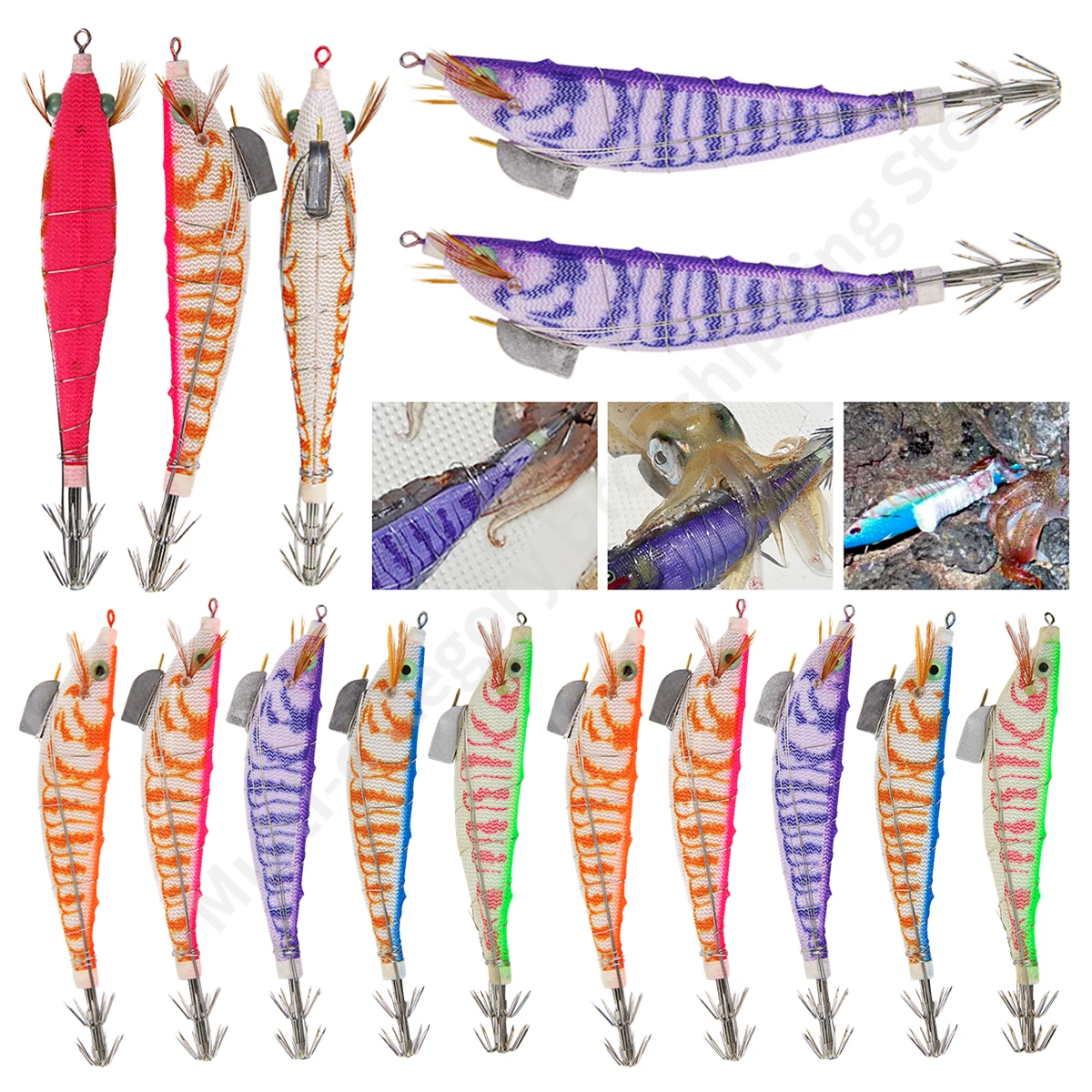 115mm 15g Luminous Fishing Lures Luminous Squid Jig Hook Wooden Shrimp Artificial Lure Octopus Cuttlefish Shrimp Hard Bait Pesca