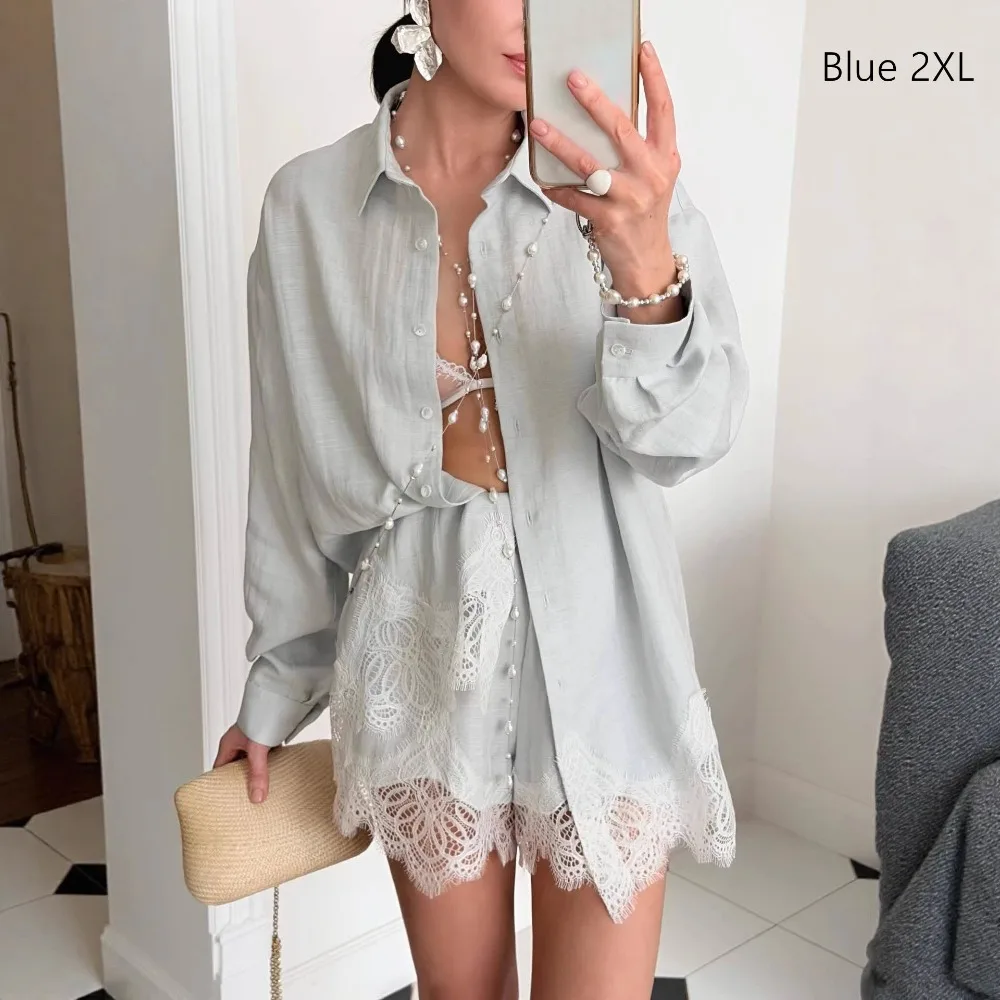 

Lace Patchwork Women's Shirt Shorts Suit Full Sleeve Loose Fit Lace Patchwork Set Solid Color Elastic Waist Blouse Shorts Set