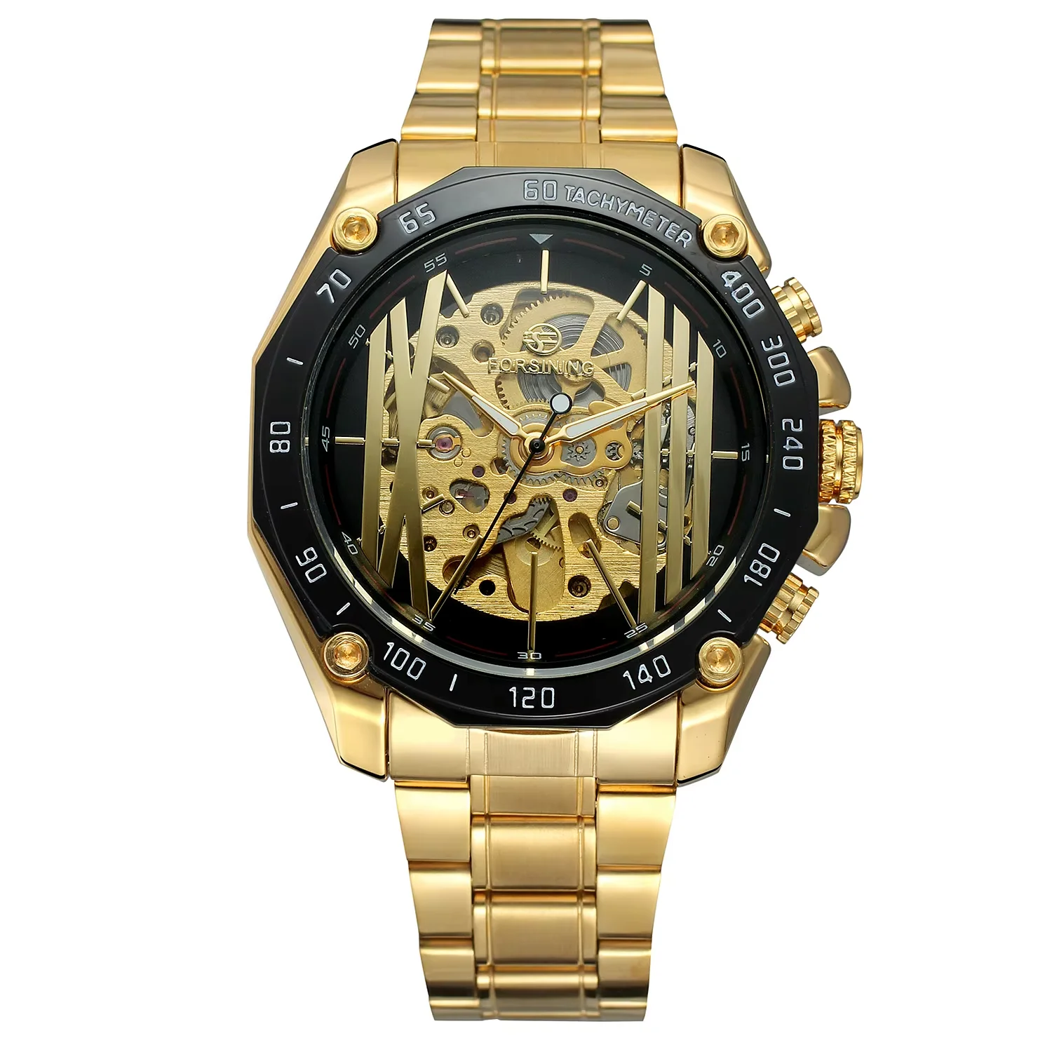 

FORSINING Men's mechanical Watch Black hollowed-out nail scale mechanical movement watch Gold strap wrist watch