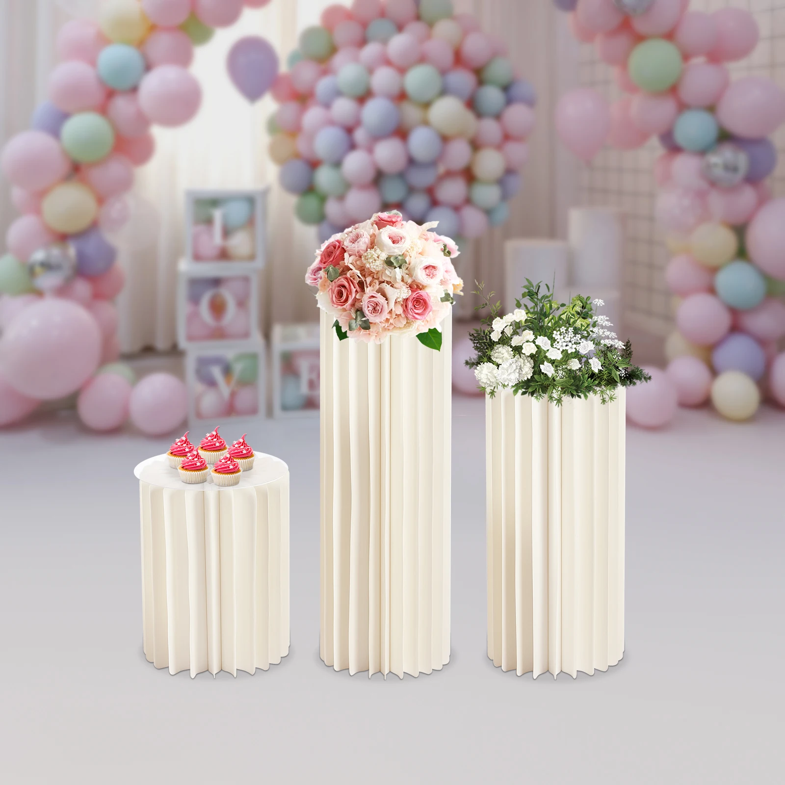 3 Stück faltbare Blumenständer aus Pappe, Hochzeits-Mittelstücke, Pappenvasen, runde Säulen, Sockel-Kuchenständer für Hochzeitsfeier – Detail 1