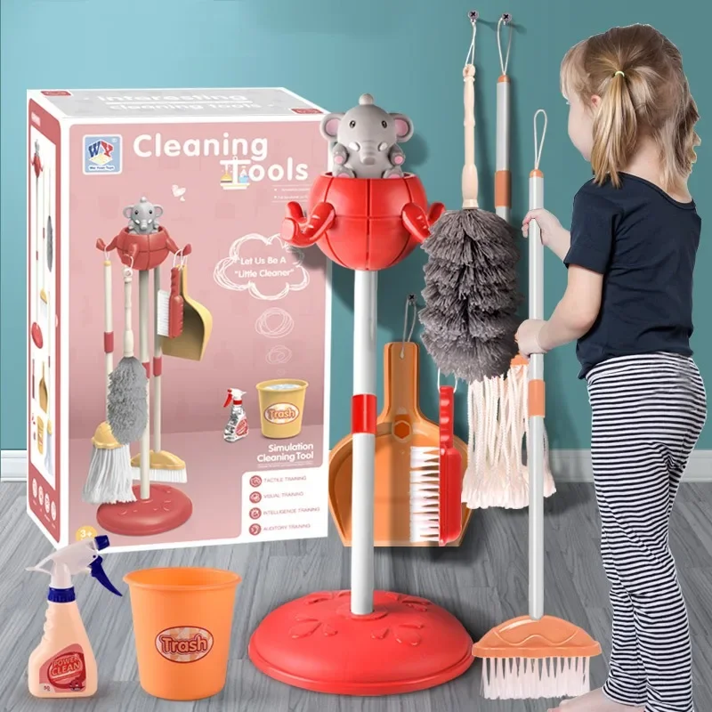 Cartoon Mini Kids Cleaning Supplies Kit - Simulation Broom Mop Bucket Tools Set, Housework Role Play Playhouse Toys for Children