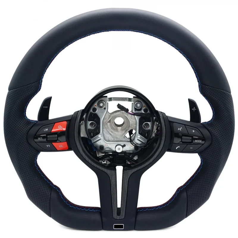 For BMW, T-shaped, semi-perforated, three-color stitching, red and blue, with standard vibration module and heated