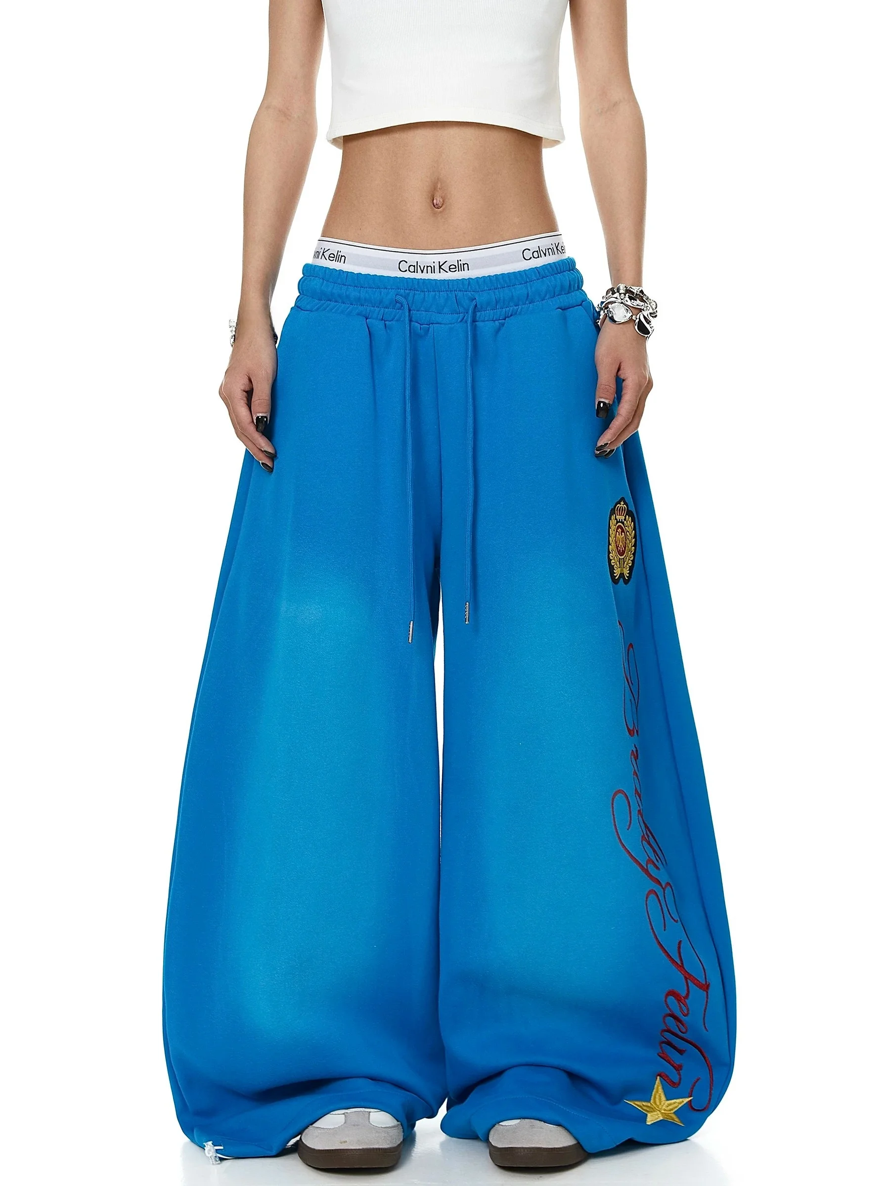 American Badge Embroidered Casual Sweatpants Loose Wide Leg Long Trousers Street Dance Style for Men And Women Spring Autumn