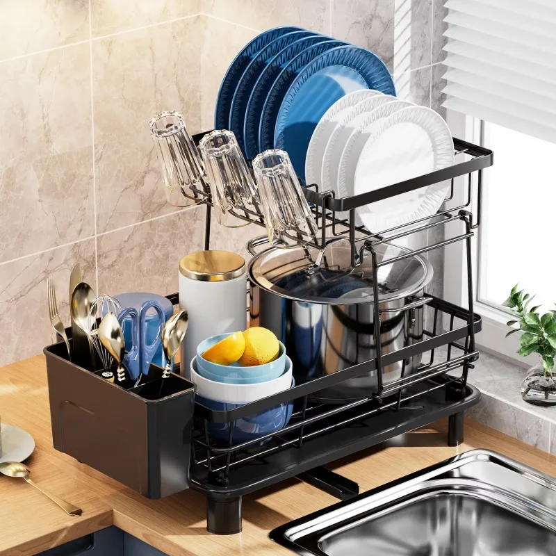 2-Tier Dish Drying Rack Space-Saving Kitchen Organizer with Drain Tray for Plates Utensils Bowls Multi-Purpose Dish Drainer