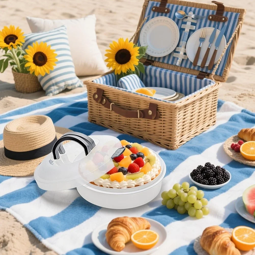 12 Inch Round Pastry Storage Tray With Lid Handle Portable Cake Dessert Serving Platter Food Container For Outdoor Picnic