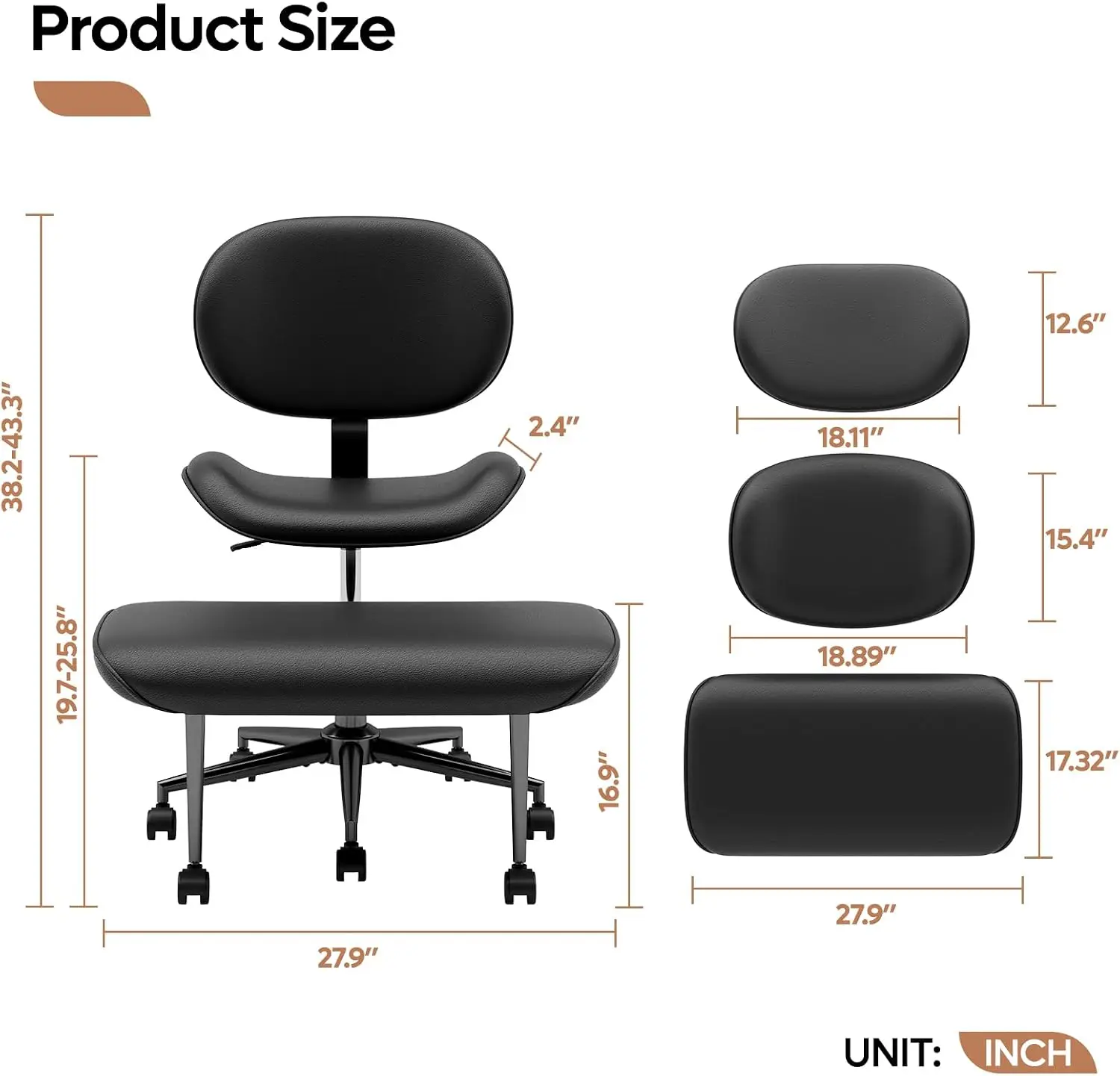 Upgraded Cross Legged Office Chair with Wheels, ADHD Chair for Adults, Wider Height Adjustable Backrest and Seat, Meditation Chair, Ergonomic & Yoga Office Chair, PU Leather, Black