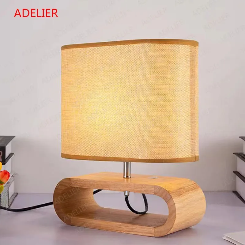 

ADELIER Wood base table lamp cloth lampshade E27 light fixture for living room bedroom bedside reading Desk lamp