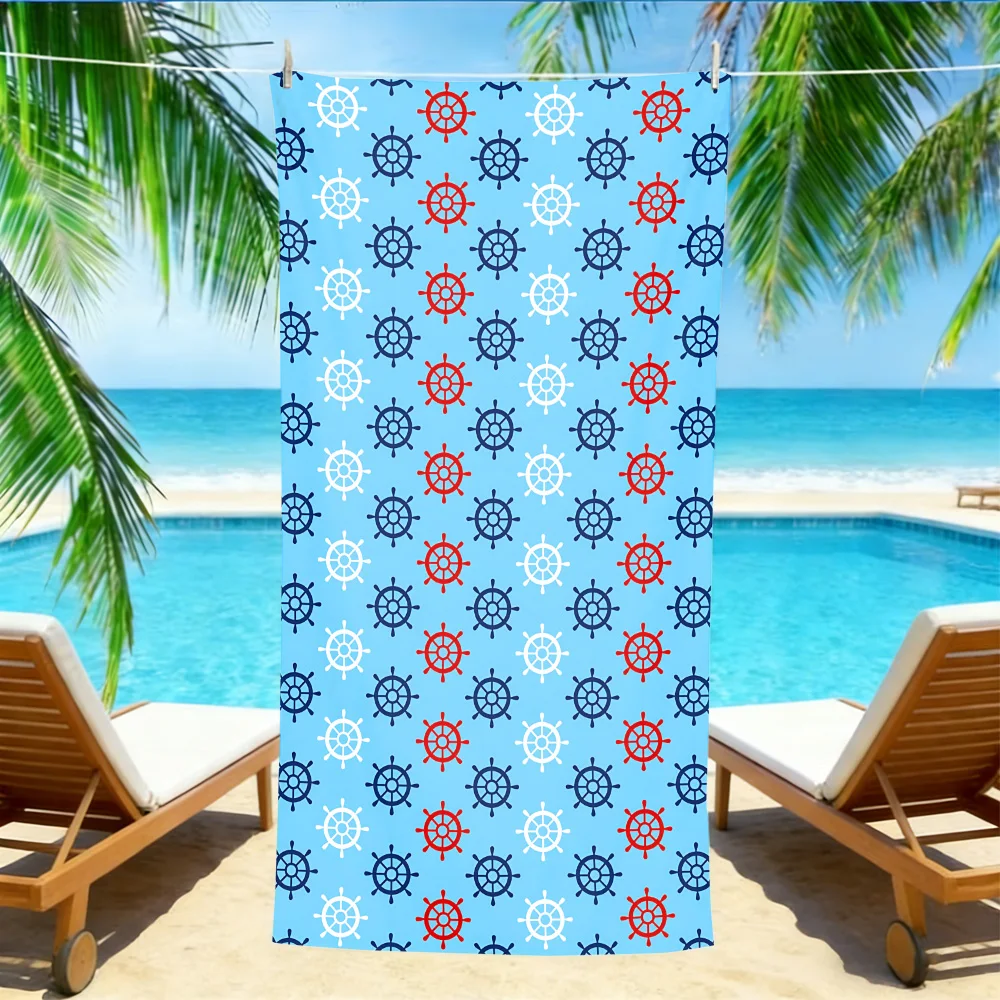 Nautical Ship Wheel Beach Towel – Oversized Quick Dry Sand Free with Red, White & Navy Print