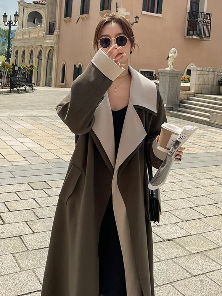 

Irregular Trench Coat For Women Lapel Long Sleeves Patchwork Contrast Color Fashion Belt Coats 2025 Spring New 2R5305