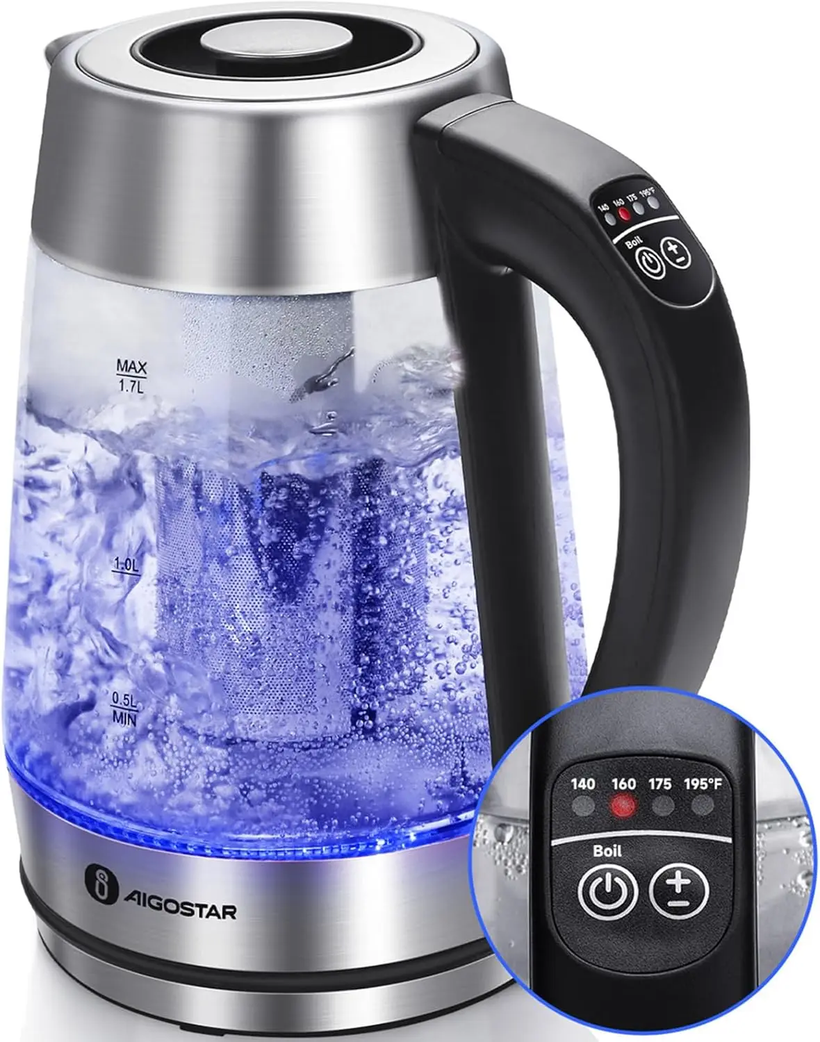 

Electric Kettle with Temperature Control, Tea Infuser, 1500W Fast Boil, Keep Warm, Auto Shut-Off, 1.7L Glass Design