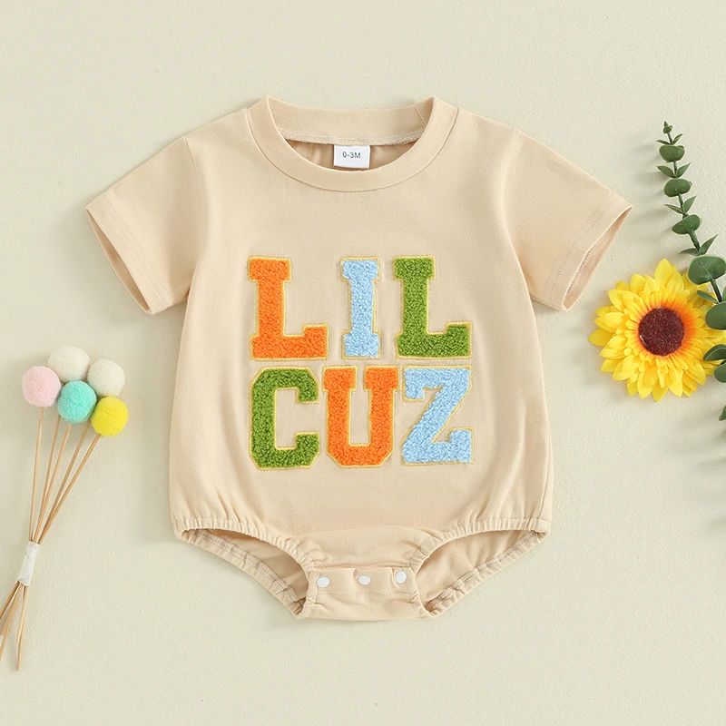 

Newborn Baby Girl Boy Romper Lil Cousin Bodysuit Short Sleeve Embroidery Toddler Big Cousin Shirt Tops Summer Clothes