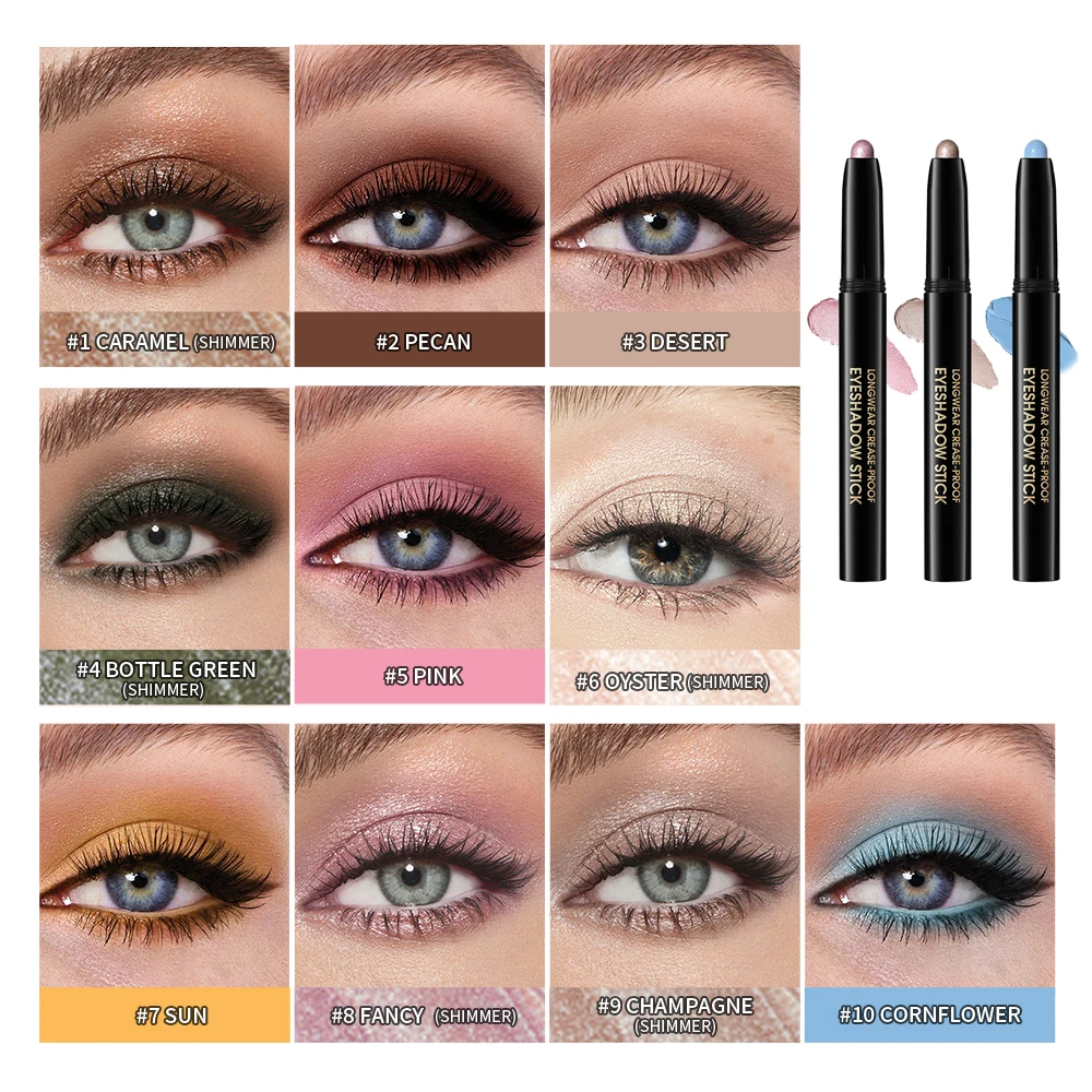 10-kleuren waterdichte romige oogschaduw potloodstick blijvende matte parelmoer gradiënt markeerstift glitter luie ogen make-up