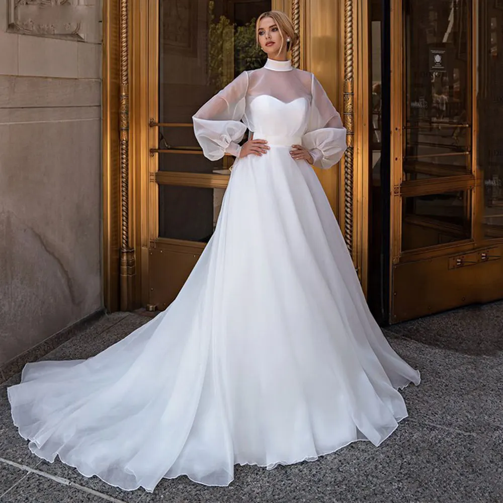 

2025 Wedding Dresses For Women A Line Puff Sleeve Elegant Organza High Neck Muslm Bride Gown Vestidos Noiva Robe De Mariée