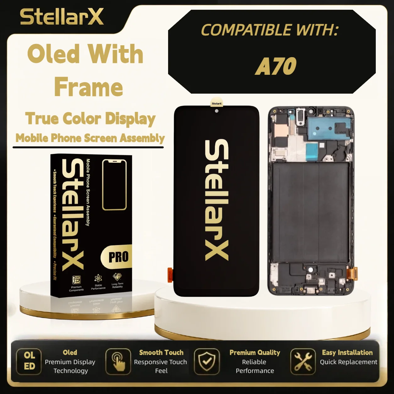 StellarX Display for Samsung A70 Oled with Frame Screen Replacement with Free Tools OLED Display Assembly Repair Parts