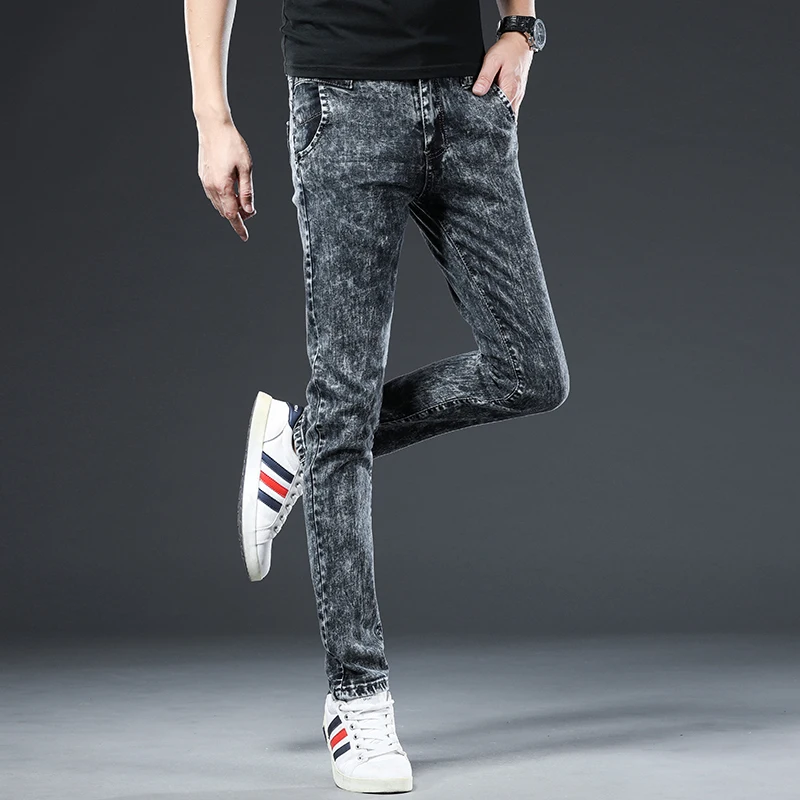 Nowe męskie dżinsy w rozmiarze Skinny Fashion koreański styl myte płatki śniegu Streetwear Slim prosto osobowość Vintage męskie spodnie jeansowe