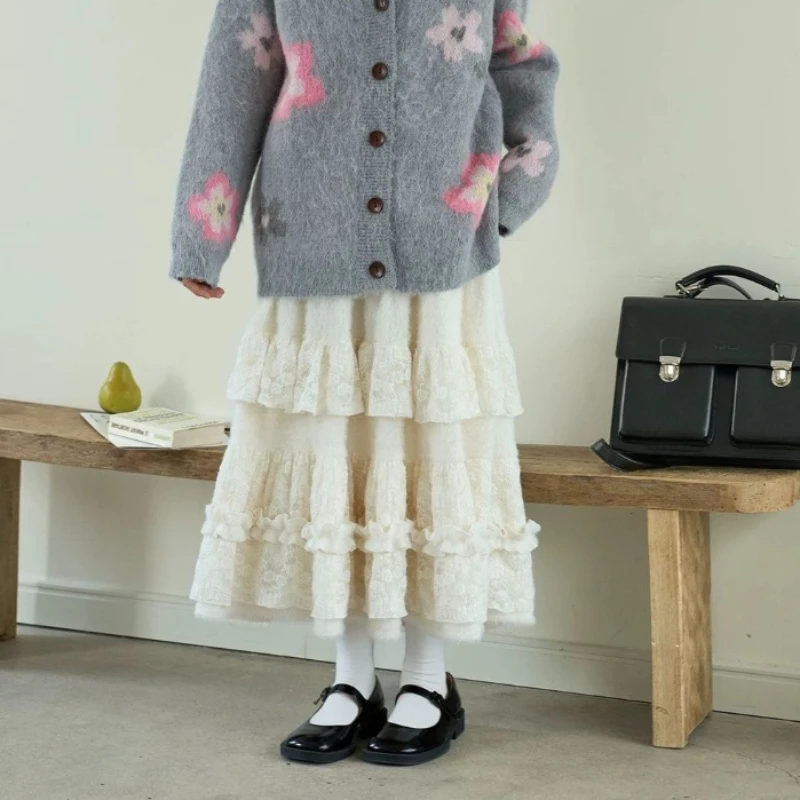 Autumn Winter Vintage Kawaii Mori Girl Style Multi-Layer Fluffy White Ruffle Midi Skirt High Waist A-Line Tiered Skirt for Women