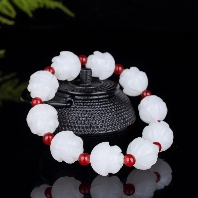 

White Jade 18mm Lotus Beads Bracelet Natural Adjustable DIY Bangle Charm Jewellery Fashion Accessories Hand-Carved Luck Amulet