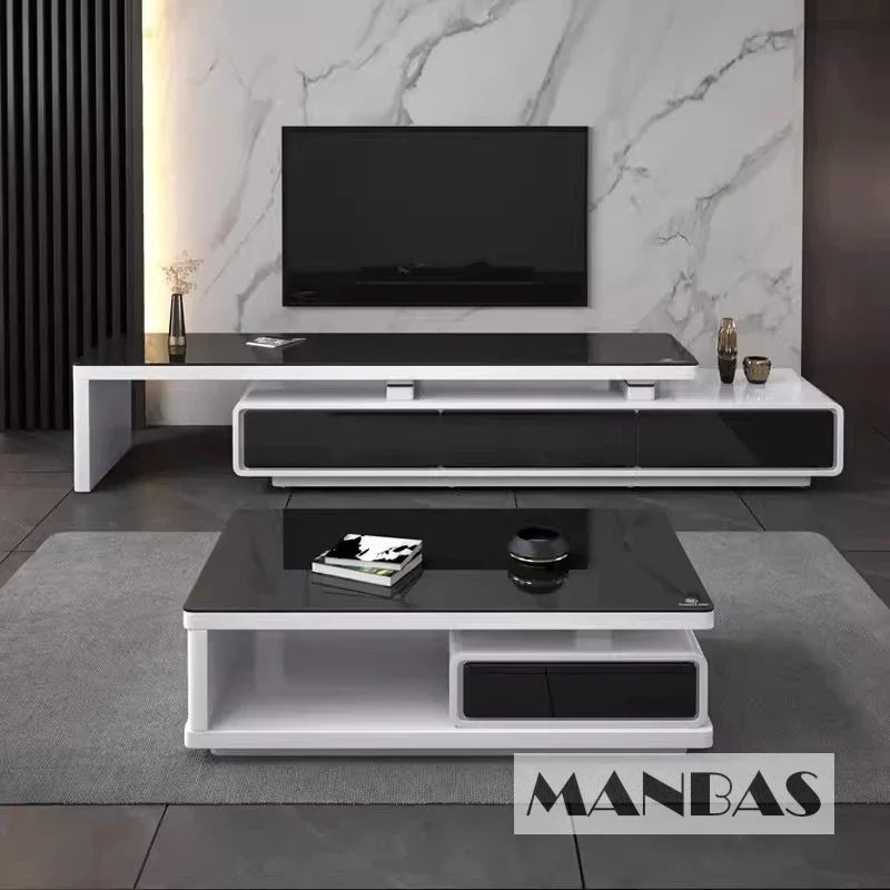 Linlamlim-Soporte de TV moderno brillante blanco/Negro, mesa de centro inteligente, armario de TV y mesa de centro para sala de estar, muebles para el hogar