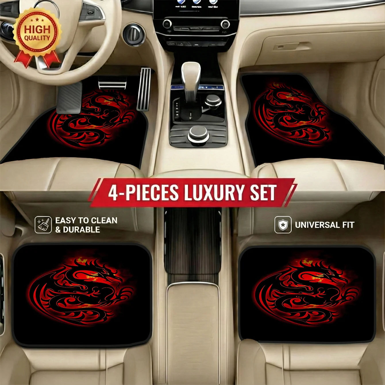 Set Of 4 Distinctive Dragon-Themed Car Floor Mats, Perfect Present For Automotive Enthusiasts, Universal Compatibility, Long-Las
