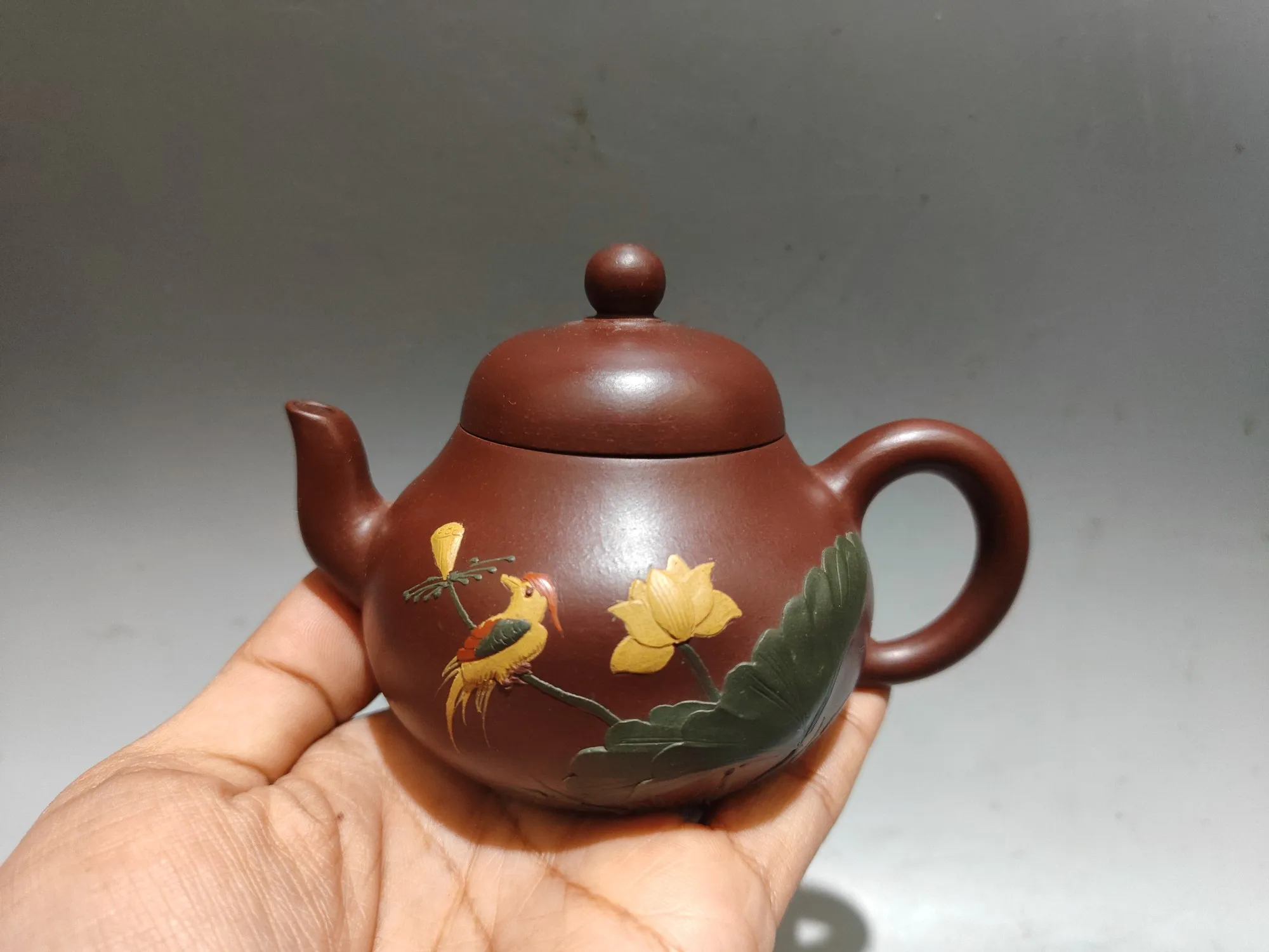 Purple teapot Yixing Purple Clay Teapot Mud painting Lotus and Bird Pattern Pear shaped teapot Kettle Teapot