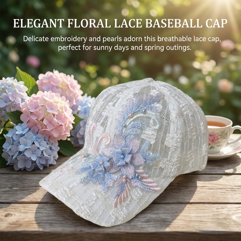 

Floral Lace Embroidered Mesh Baseball Cap for Women Breathable Sun Protection Adjustable UV Ray Outdoor Sport Hat