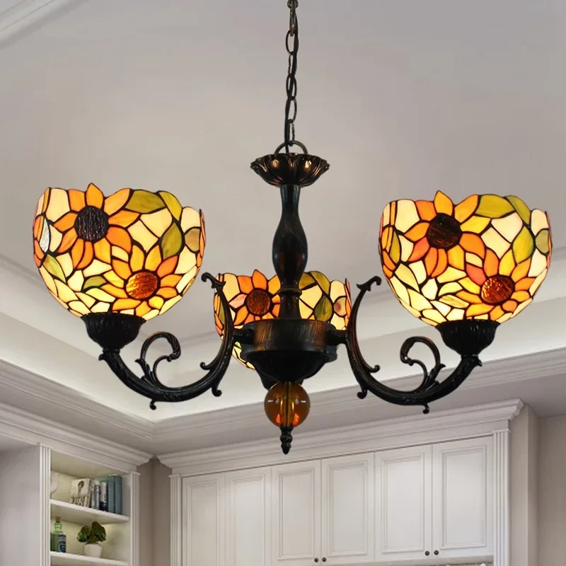Vintage stained glass living room dining room bedroom bar sun flower pastoral three-head